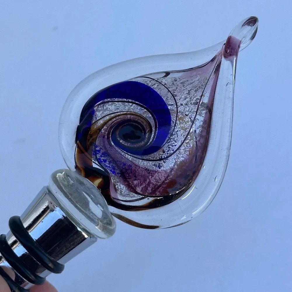 Murano Style Glass Wine Bottle Stopper Blue Purple Swirl with Box